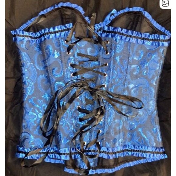 Blue Lace Corset Bustier Top with Black Satin Ribbon Trim Size XL - Picture 2 of 4